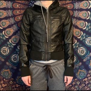 Black and Gray Pleather Cropped Hooded Jacket